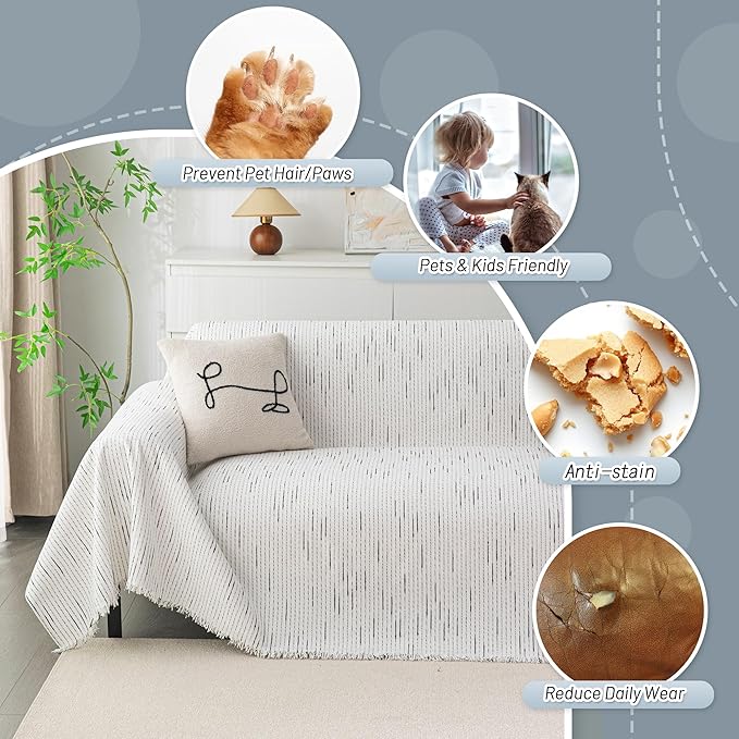 MYSKY HOME Boho Couch Cover White Sofa Covers with Tassel Farmhouse Sofa Slipcover Simple Couch Protector for Dogs Chenille Sectional Couch Covers L Shaped Couch Cushion Covers, 91"x 134"