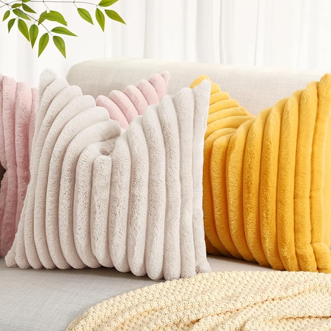 decorUhome Summer Cozy Faux Fur Throw Pillow Covers 22x22 Set of 2 Decorative Soft Plush Striped Modern Farmhouse Boho Couch Euro Sham Pillow Cases with Velvet Back for Sofa Bed Living Room, Beige