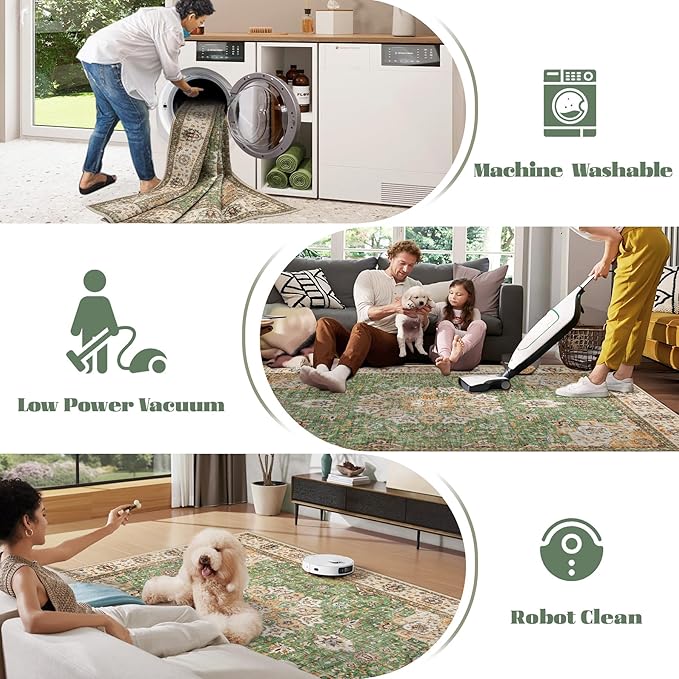Area Rug 8x10 Washable Rug, Vintage Boho Medallion Rugs Non-Slip Soft Low Pile Large Distressed Rug Indoor Retro Carpet for Living Room Bedroom Dining Room Home Office (Vintage Green, 8'x10')