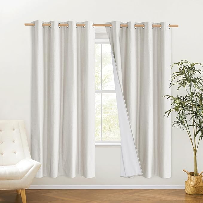 NICETOWN 100% Absolutely Blackout Linen Curtains with Thermal Insulated White Liner, Ivory, 52" Wide, 2 Pieces, Privacy Vertical Window Drapes for Office Laundry Living Room Windows 72 inch Long