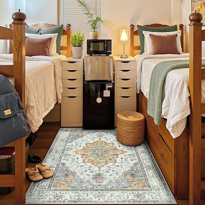 RELEANY Area Rugs 5'x7' Washable Non-Slip, Floral Vintage Distress Print Pattern Medallion Carpet for Living Room Bedroom Dining Room, Light Yellow Carbon Grey Orange