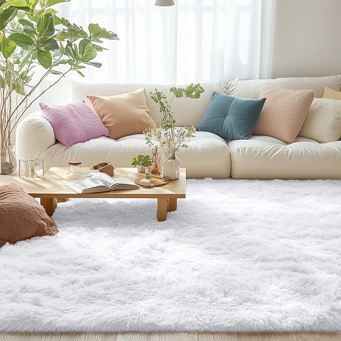 OLANLY 8x8 Machine Washable Large Area Rugs for Living Room, Bedroom, Soft Fluffy Shaggy Bedside Rug, Indoor Floor Carpet for Kids Girls and Boys, Dorms, Nursery, Home Decor Aesthetic, White