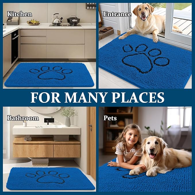 OLANLY Dog Door Mat for Muddy Paws 30x20, Paw Print Design, Absorbs Moisture and Dirt, Non-Slip Washable Doormat, Quick Dry Chenille Mud Mat for Dogs, Entry Indoor Entryway Carpet, Deep Navy Blue