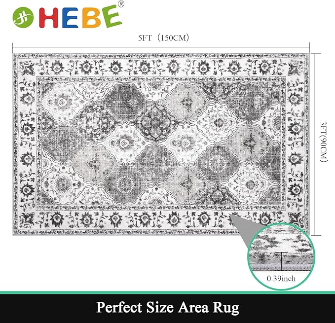 HEBE Washable Area Rug - 3'x5' Non Slip Soft Distressed Medallion Bedroom & Living Room Accent Throw Vintage Entry Floor Carpet for Dining Room & Bathroom Entryway