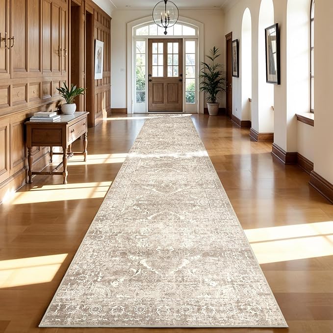 3x20 Washable Hallway Runner Rug - Non Slip Kitchen Runner Rugs with Rubber Backing Vintage Low-Pile Carpet Runners for Entryway Dining Room Laundry Room Home Decor (Beige)