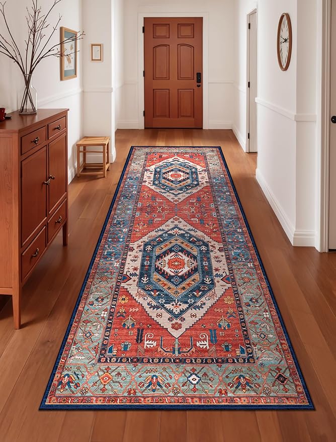 SERISSA Boho Kitchen Runner Rug, 3x7 Washable Non-Slip Runner Rug for Hallways Kitchen Rug, Ultra Soft Vintage Rust Print Distressed Tribal Floor Carpet Runner for Bedroom Entryway Laundry Room