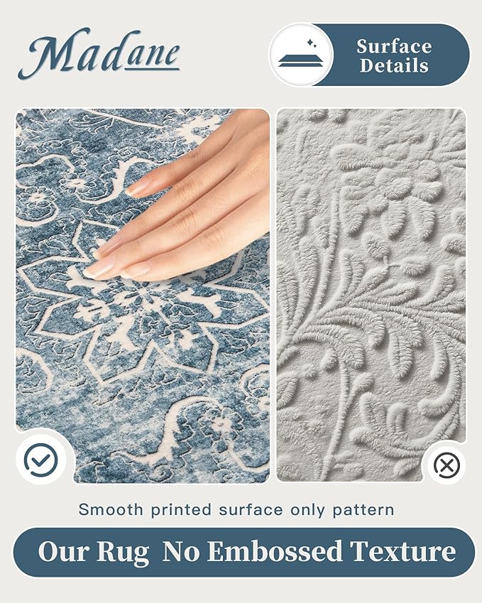 Madane 8x10 Area Rugs for Living Room, Machine Washable Vintage Rug with Non-Slip Backing, Soft Floral Print Large Throw Rugs, Thin Carpet for Bedroom Dining Room Farmhouse (8 x 10, Cadet Blue)