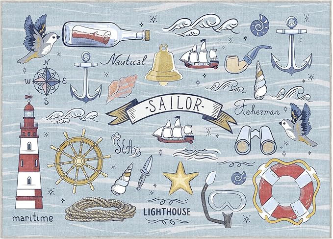 OPPODREAM Nautical Soft Area Rugs 5x7, Washable Blue Rug with Non Slip Backing, 5 x 7 Faux Cashmere Low-Pile 5x7 Carpet