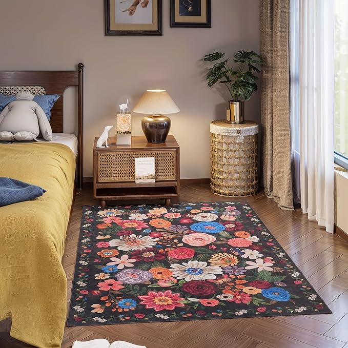 Area Rug 4x6 Black/Brown Rug, Washable Boho Rugs Non Slip Low Pile Floral Small Carpet for Bedroom, Bedside, Kids Room, Office, Dining Room(Black/Brown, 4 x 6)
