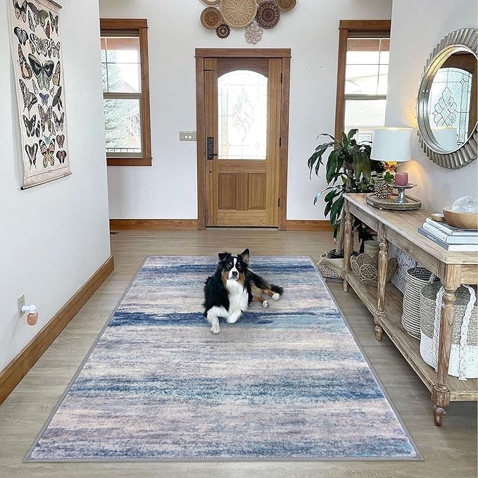 KOZYFLY Washable Area Rug 5x7 Modern Ombre Thin Rugs for Living Room Non-Slip Soft Striped Area Rug for Bedroom, Print Blue/Grey/Beige Abstract Carpet for Kid Room