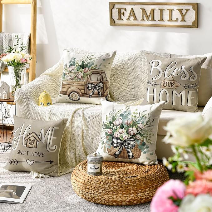 AVOIN colorlife Bless Our Home Sweet Home Farmhouse Eucalyptus Leaves Throw Pillow Covers, 20 x 20 Inch Truck Cushion Case Decorations Set of 4