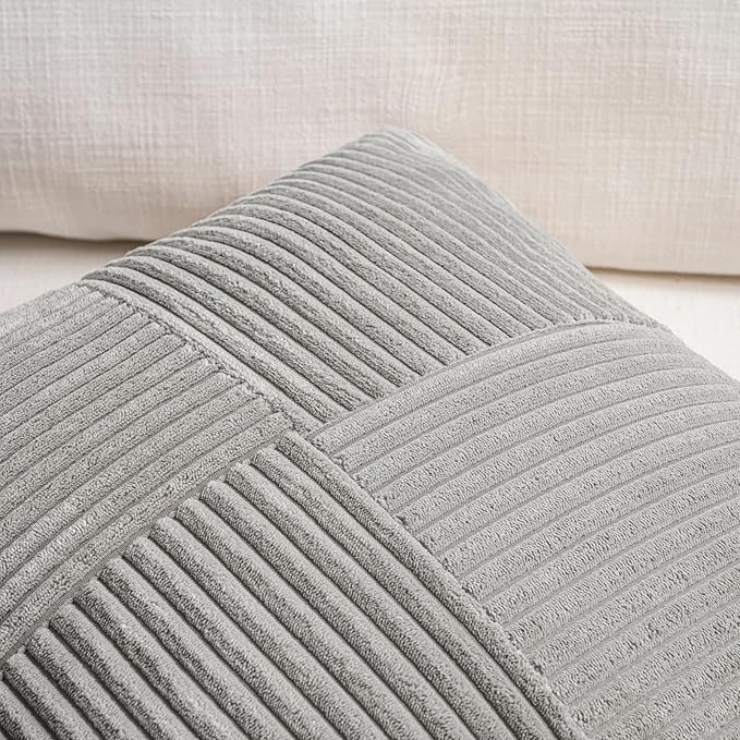 Fancy Homi 2 Packs Grey Lumbar Decorative Throw Pillow Covers 16x26 Inch for Living Room Couch Bed, Rustic Farmhouse Boho Home Decor, Soft Striped Corduroy Rectangle Accent Cushion Case 65x40 cm