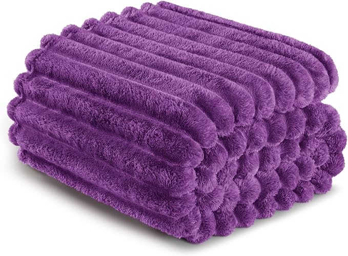Exclusivo Mezcla Queen Size Flannel Fleece Blanket, Super Soft Striped Jacquard Bed Blanket, Lightweight Fuzzy Cozy for All Seasons, 90x90 Inches, Purple
