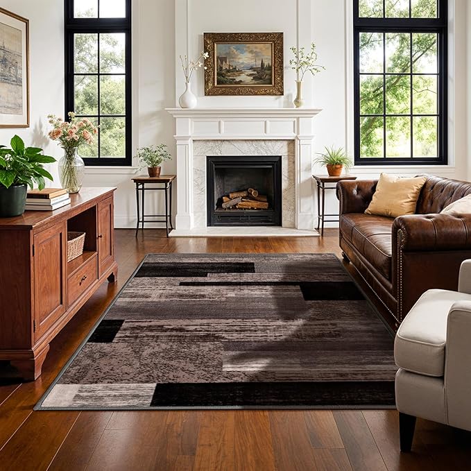 LIANLAM 4x6 Washable Area Rugs for Living Room and Bedroom, Vintage Checkered Pattern Non-Slip Carpet, Stain Resistant Low Pile Soft Rug for Dining Room,Office,Nursery,Kids Room(4x6,Chocolate)
