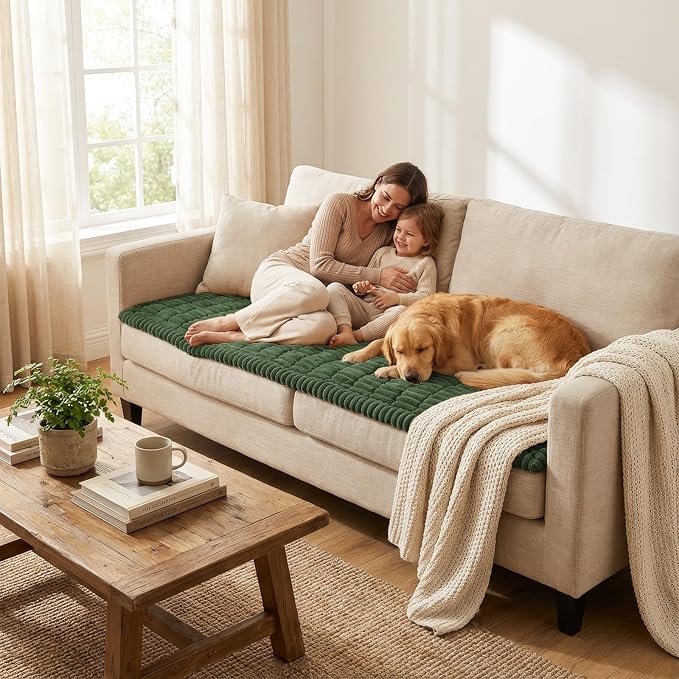 Smiry Couch Cover for Dogs Washable, Non Slip Fuzzy Pet Couch Covers for 3 Cushion Sofa Pet Friendly, Thick Soft Sofa Slipcovers Cushion Protector (Dark Green, 27.6" x 27.6")