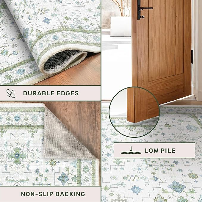 Cream Green Large 8x12 Area Rug for Living Room - Washable Non Skid Geometric Floral Carpet for Dining Room, Playroom, Bedroom - Blue and Green Soft Floral Rug