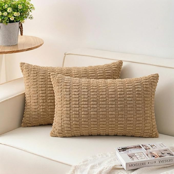 Pack of 2 Corduroy Decorative Throw Pillow Covers 12x20 Inch Soft Striped Pillow Covers Modern Farmhouse Home Decor for Sofa Living Room Couch Bed（Coffee）