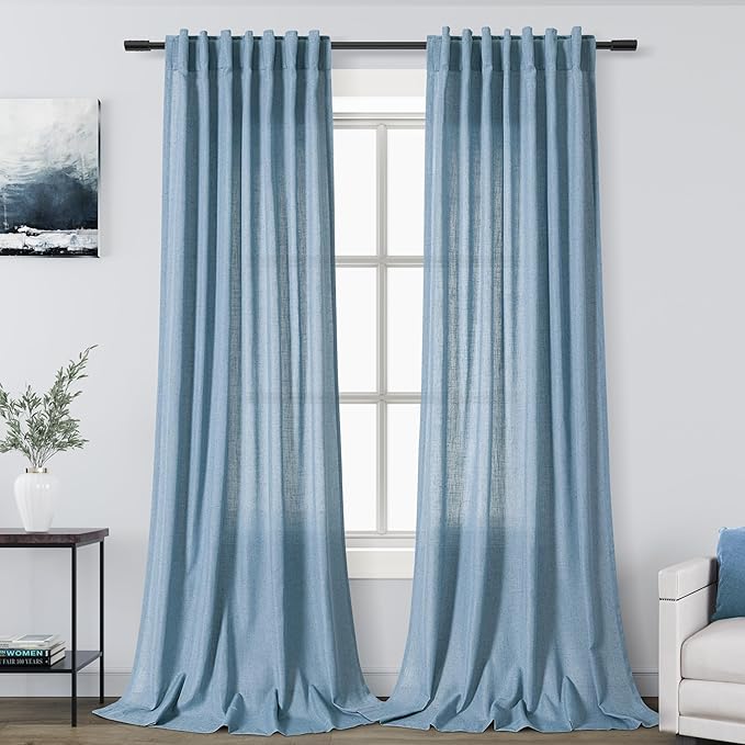 Nanspring Blue Curtains 144 Inches Long 2 Panels for Living Room Back Tab Rod Pocket Semi Sheer Linen Drapes Neutral Home Decor Blue Curtain Ceiling to Floor Length for Dining Room 52x144
