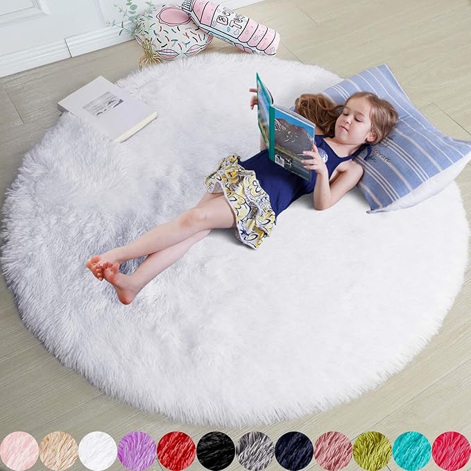 Amdrebio White Fluffy Round Rug 4Ft for Bedroom Aesthetic, Fuzzy Fur Circle Area Rugs for Living Room, Soft Plush Shaggy Shag Carpet for Nursery Dorm, Cute Kids Room Decor for Baby Toddler Teen Girls