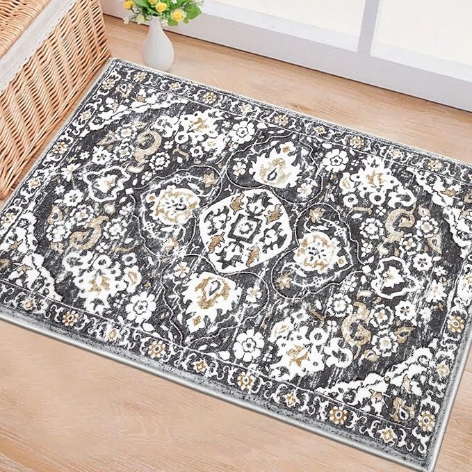 HEBE Washable Area Rug - 2'x3' Non Slip Soft Distressed Medallion Bedroom Boho Living Room Accent Throw Vintage Entry Floor Carpet for Dining Room Bathroom Entryway