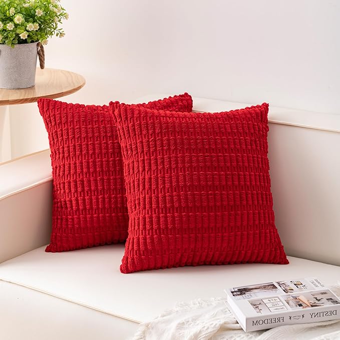 Pack of 2 Christmas Red Corduroy Decorative Throw Pillow Covers 22x22 Inch Soft Striped Pillow Covers Modern Farmhouse Home Decor for Sofa Living Room Couch Bed（Red）