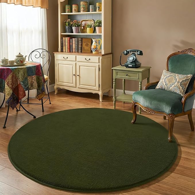 Amearea Olive Green Round Area Rugs 5ft Washable Circle Rugs for Bedroom Living Room, Fluffy Indoor Thickened Memory Foam Rug, Non Slip Minimalist Circular Carpet for Kids Boy Girl Dorm Nursery Room