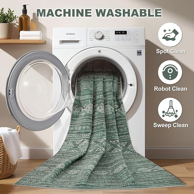 Nakagishi 8X10 Area Rugs Living Room: Washable Boho Large Neutral Modern Soft Farmhouse Green Rug Stain Resistant Indoor Floor Non-Slip Carpet for Women Home Enthusiasts Aged 25-45 - Bedroom Room