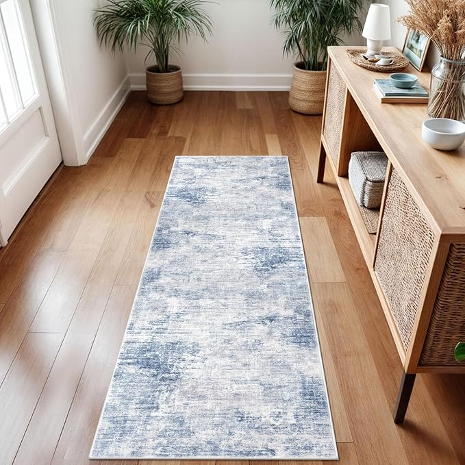 IOHOUZE Abstract Runner Rug 2x7 Ft Washable Runners for Hallways, Non Slip Kitchen Runner Printed Faux Wool Entryway Runners Indoor, Modern Floor Carpet for Hall Kitchen Bedroom, Light Blue Grey