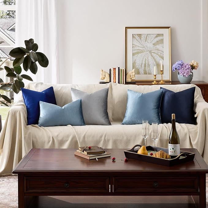 GIGIZAZA Stone Blue Velvet Decorative Throw Pillow Covers 18x18 for Sofa Living Room Soft Couch Pillow Cover Pack of 2