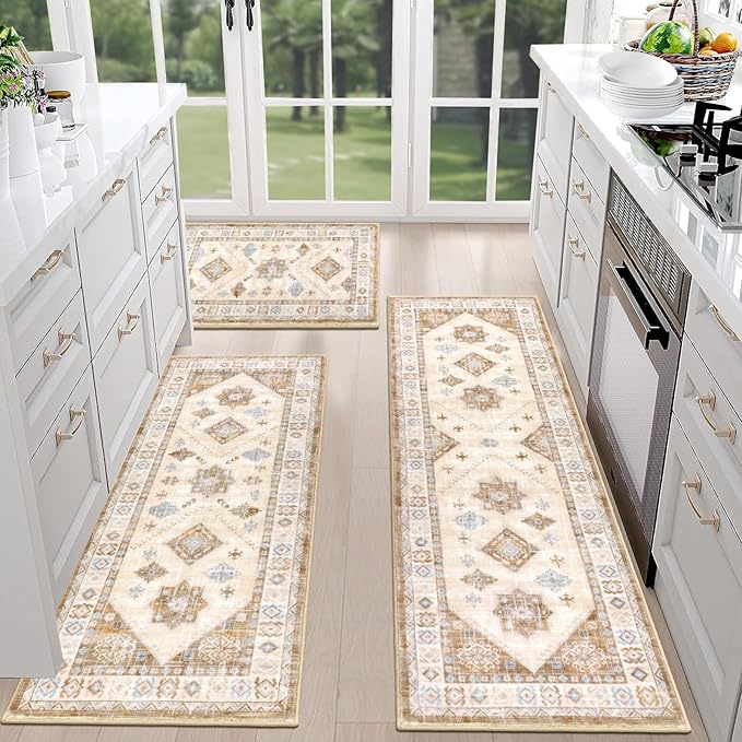 HEBE Boho Kitchen Rug Sets 3 Piece with Runner Non Slip Kitchen Rugs and Mats Washable Kitchen Mats for Floor Thick Kitchen Floor Mat Carpet Runner Rugs for Hallway Laundry Holiday Decor