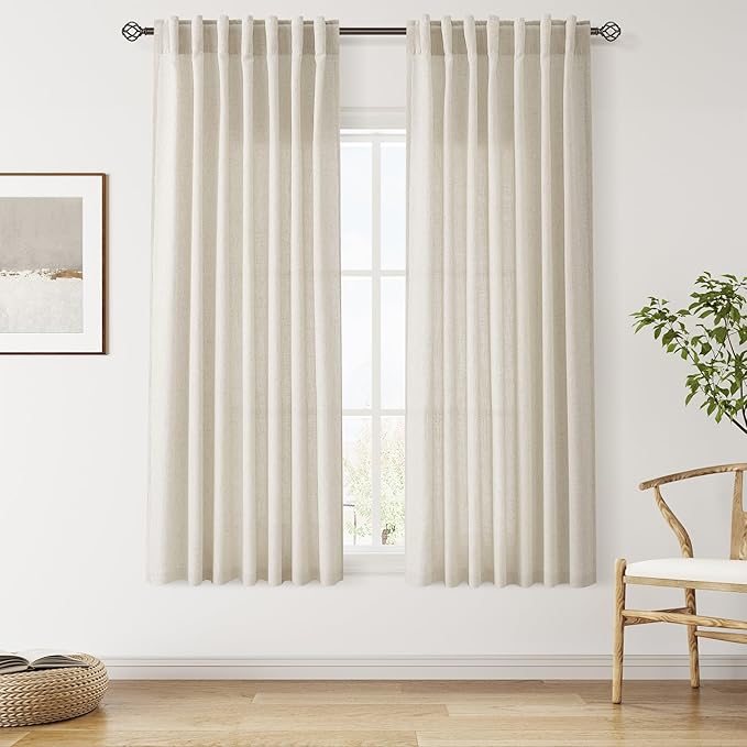 Nanspring Vanilla Linen Curtains for Living Room 63 Inch Length Luxury Light Filtering Semi Sheer Curtain Back Tab Modern Farmhouse Decor Elegant Coastal Drapes for Bedroom Office 52x63, 2 Panels