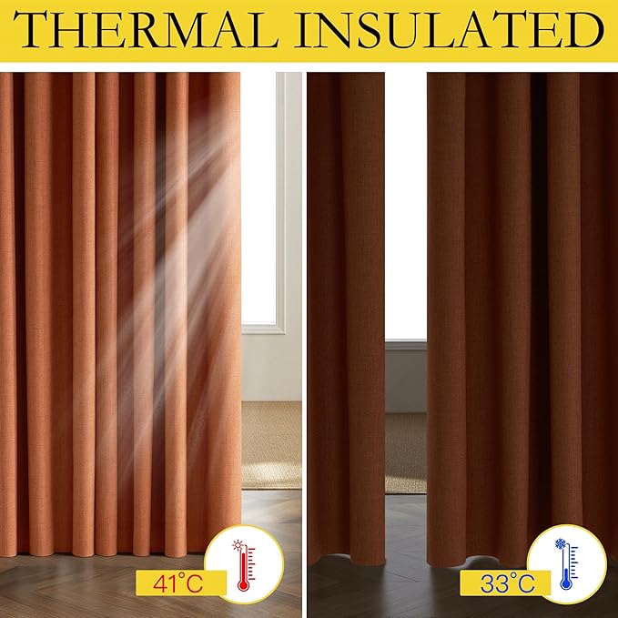 NICETOWN 100% Absolutely Blackout Linen Curtains with Thermal Insulated Liner, Terracotta, 52" Wide, 2 Panels, 95 inches Long Drapes, Grommet Retro Linen Curtains Vertical Drapes Privacy for Bedroom