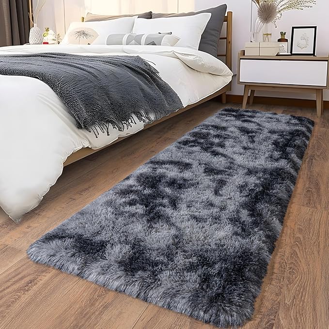 Ultra Soft Runner Rugs for Bedroom Hallways with Upgraded Non-Slip Rubber Backing & Thick Memory Sponge, 2x8 Feet Fluffy Shag Throw Area Rug for Bedside Dorm Tie-dye Dark Grey