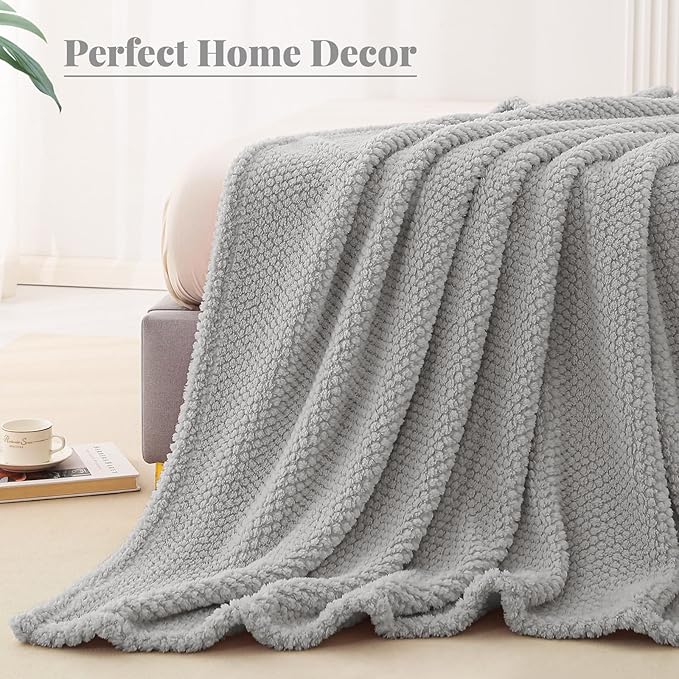 Whale Flotilla Queen Size Fuzzy Fleece Blanket for Bed, 90x90 Inch Fluffy Warm Soft Jacquard Blankets for All Season, Lightweight and Cozy, Light Grey