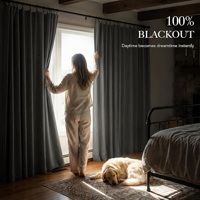 RYB HOME 100% Blackout Curtains Linen Textured 102 Inch Long, Insulating Energy Saving Window Curtains for Bedroom Living Room Dining Patio Sliding Glass Door, W52 x L102 inch, Grey, 2 Panels