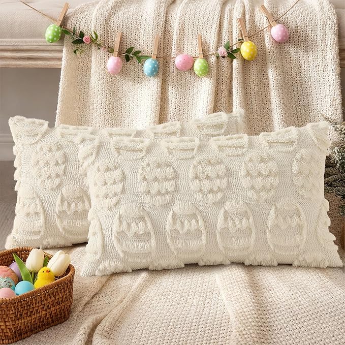 decorUhome Easter Beige Egg Pillow Covers 12x20 Inch Set of 2, Soft Plush Faux Wool Jacquard Cushion Covers, Farmhouse Neutral Fuzzy Spring Easter Holiday Decor for Couch Sofa Bed