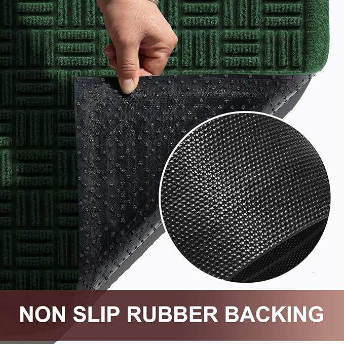 Mibao Front Door Mat Indoor Outdoor Entrance, Dirt Trapping Waterproof All-Season, All-Weather Doormat, Non-Slip Durable Natural Rubber Low Profile Easy Clean Patio Entrance Mat, 29.5" x 17", Green