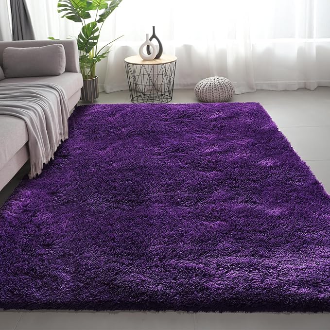 Shag Area Rugs for Bedroom Living Room,8X10 Ultra Soft Purple Fluffy Area Rugs for Dorm, Indoor Carpet Nursery Rugs for Kids Room Home Decor, Purple