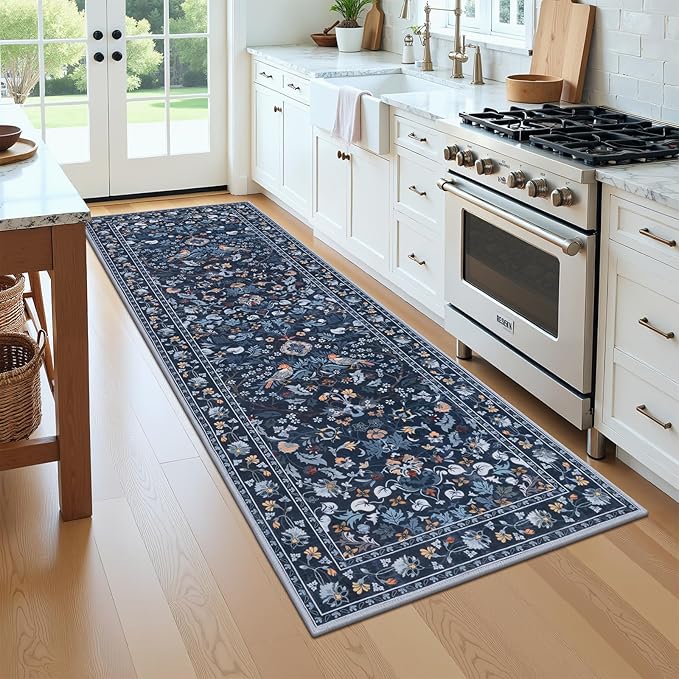 HEBE Washable Hallway Runner Rug 2'x 6' Non Slip Kitchen Rugs Runner,Low Pile Entryway Rug Laundry Room Mat Floral Carpet Runners for Hallways, Kitchen,Bathroom,Laundry,Bedside Rug