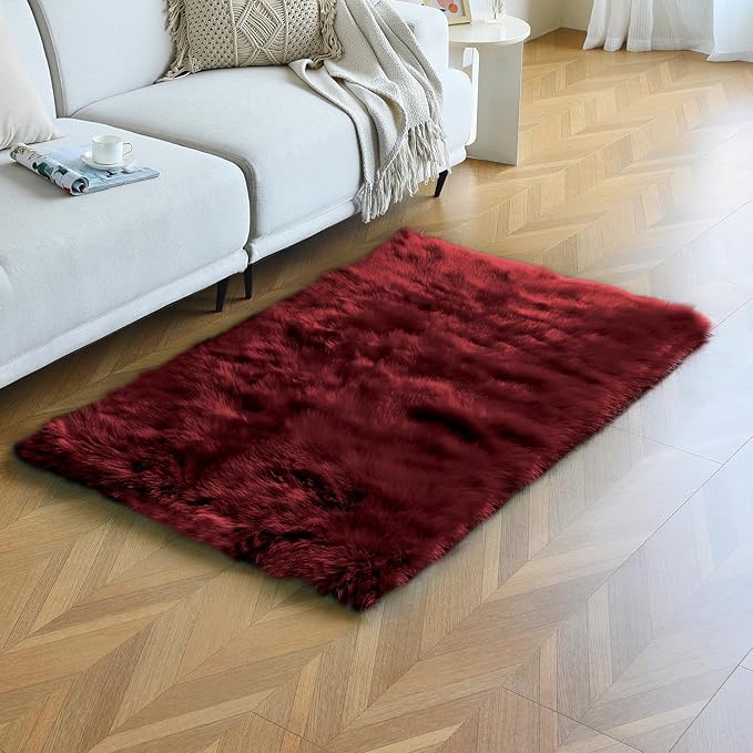 duduta Burgundy Faux Fur Rug 3x5 ft for Nursery Girls Bedroom, Fluffy Shag Rectangle Sheepskin Rug Machine Washable