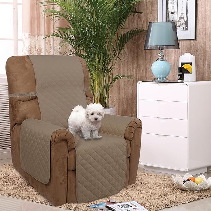 U-NICE HOME Recliner Chair Covers Reversible Chair Cover Pet Covers for Dogs with Elastic Straps Water Resistant Diamond Quilted (28''Recliner Oversized, Taupe/Taupe)