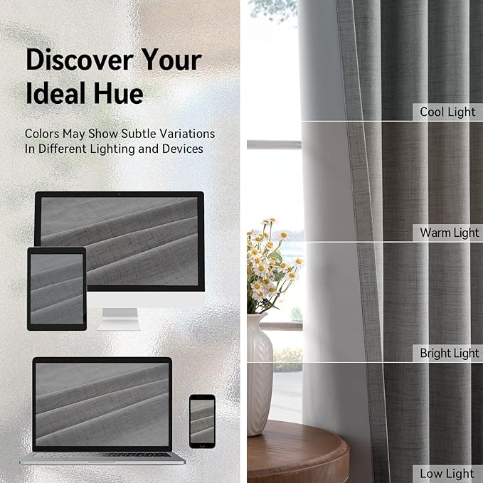 100% Blackout Shield Linen Blackout Curtains for Bedroom, Grey Grommet Curtains for Living Room, Thermal Insulated Room Darkening Drapes for Nursery, Boho Home Decor, 40" W x 45" L, 2 Panels