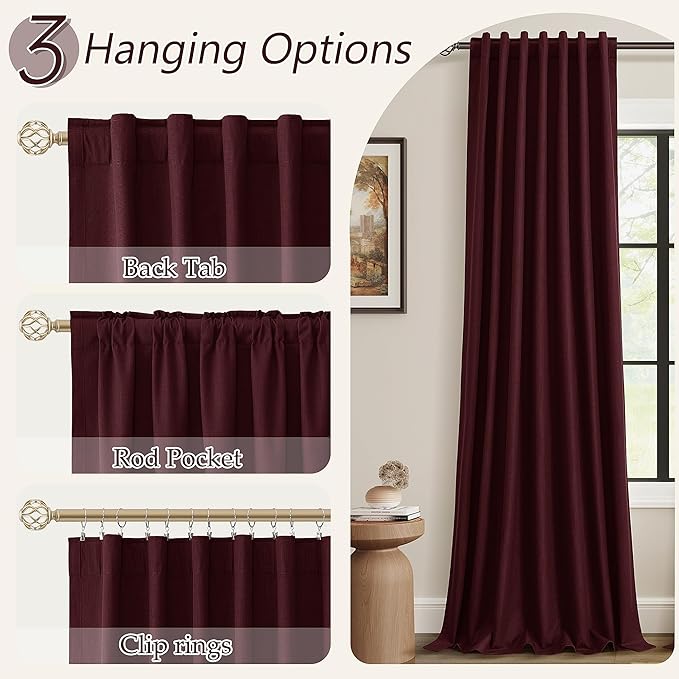 Guken 100% Blackout Curtains 63 Inch Length 2 Panels Set for Living Room Bedroom Back Tab Thermal Insulated Black Out Linen Drapes Room Darkening Window Curtains 63 Inches Long,Burgundy