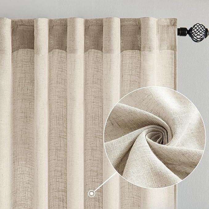 MIULEE Beige Linen Curtains 90 Inch Long 2 Panels for Bedroom Living Room, Soft Linen Textured Window Drapes Semi Sheer Light Filtering Back Tab Rod Pocket Farmhouse Modern Burlap Look Decor