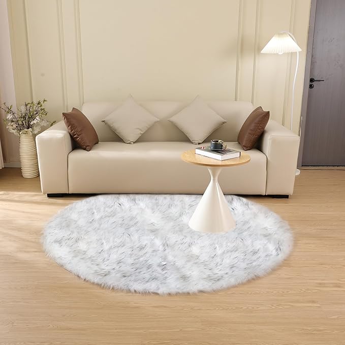 ORINOVA White and Grey Shaggy Round Rugs 6.6ft Large Circle Washable Faux Sheepskin Furry Fur Rugs for Bedroom Living Room Nursery Rug Home Décor