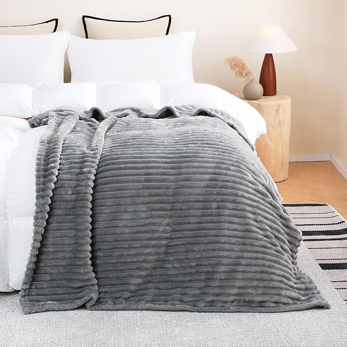 Grey Fleece Throw Blanket 108”×90” for Couch Sofa Bed,Super Soft Cozy Plush Microfiber Flannel Blanket with Stripes Design Lightweight for Adults,Woman,Girls
