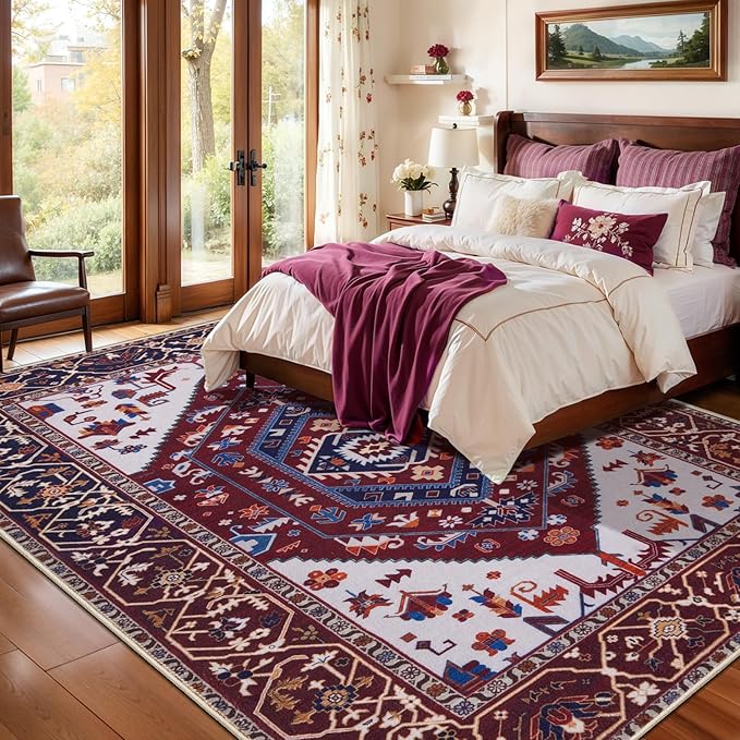 SERISSA 5x7 Boho Area Rug, Washable Non-Slip Rugs for Living Room, Large Burgundy Navy Rug Ultra Soft Vintage Oriental Print Distressed Carpet for Bedroom Dining Room Dorm Office Home Decor