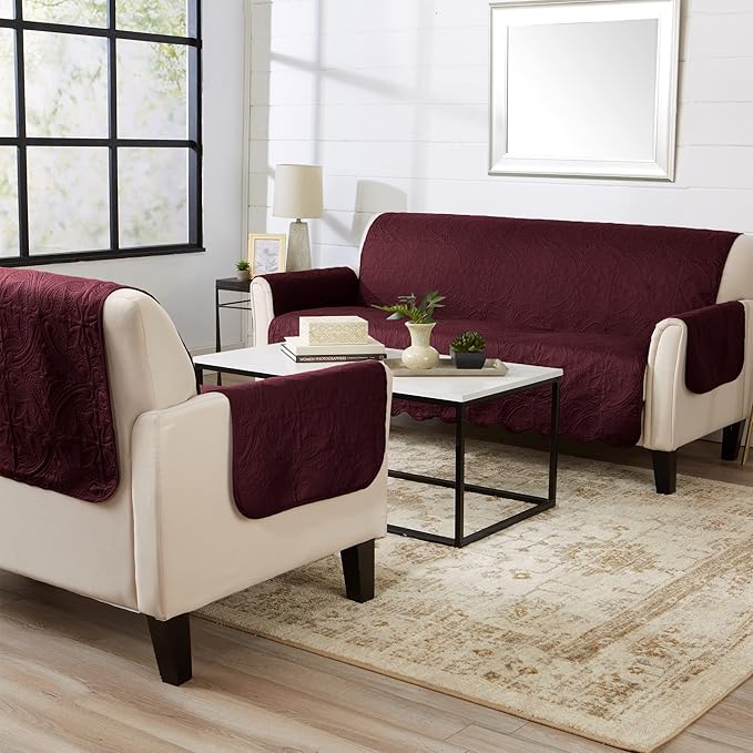 Great Bay Home Reversible Loveseat Cover - Washable Slipcover Furniture Protector with Elastic Straps - Perfect for Kids & Pets - Quilted & Stitched Detail (Wine/Light Grey)