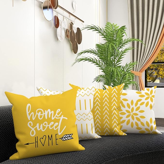 YCOLL Pillow Covers 16x16 Set of 4, Modern Sofa Throw Pillow Cover, Decorative Outdoor Linen Pillow Covers Set of 4 for Couch Sofa Bed and Car, Yellow