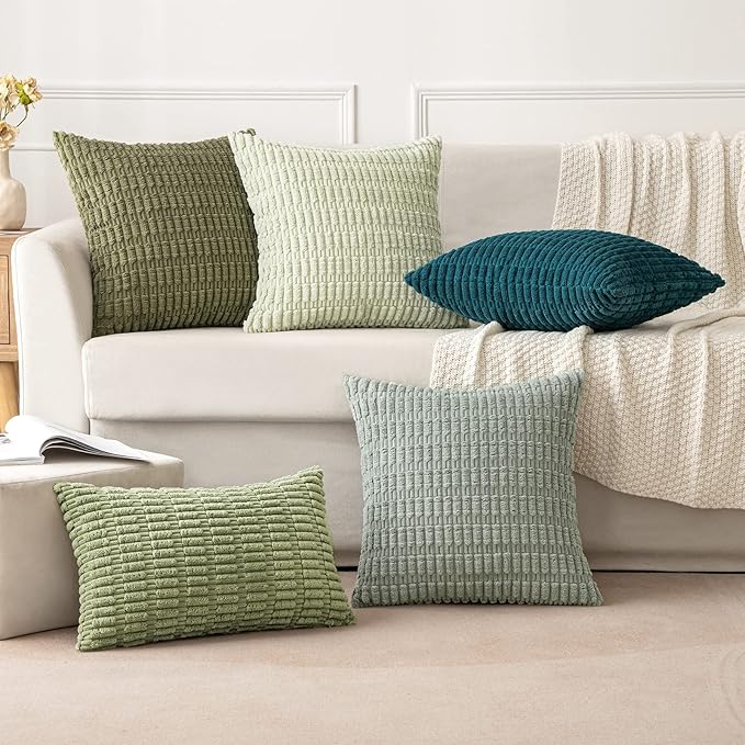 MIULEE Pack of 2 Spring Corduroy Decorative Throw Pillow Covers 20x20 Inch Soft Boho Striped Pillow Covers Modern Farmhouse Home Decor for Summer Sofa Living Room Couch Bed Olive Green